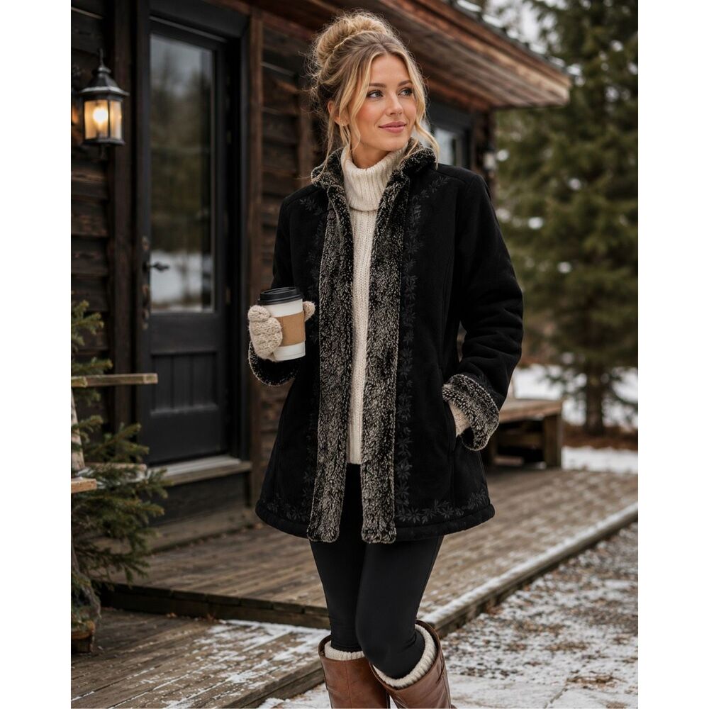 L.L.Bean Black Faux Suede Faux Fur Embroidered Winter Coat Women’s Medium